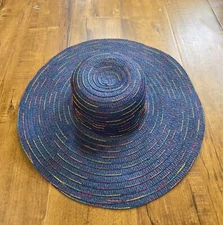 Beach Hat Women One Size BLUE 100% Paper Straw Floppy Summer Wide Brim Packable