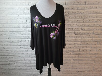 Terra Sky Women Top 2X Tee Tunic 3/4 Sleeve Asymmetric Painted Black Humble Kind
