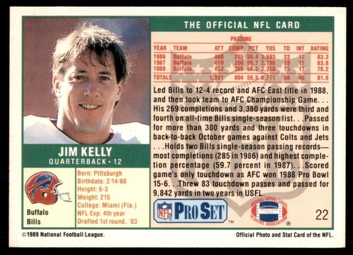 1989 Pro Set #22 Jim Kelly - Imagen 2 de 2