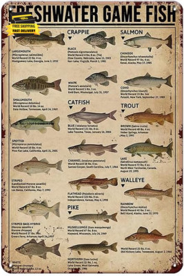Vintage Fishing Wall Decor Sign - Freshwater Game Fish, Metal Rustic Cabin Lake 