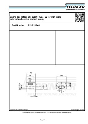 VDI40, Boring bar holder DIN 69880, Type E2 for inch tools, 1-1/4'', 213.015.246