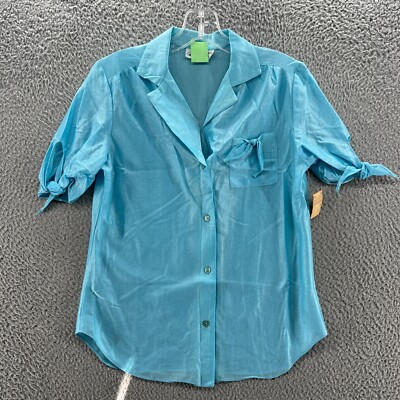 トップス 60s 70s Euro cotton open-collared shirt Vintage 60s 70s Top Womens Medium Blue Button Up Blouse