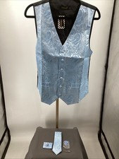 301. DiBanGu Men's Formal Paisley Print Silk Vest Tie Set in Blue Size Small
