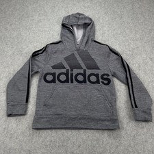 Adidas Hoodie Boys 8 Gray Pullover Fleece Big Logo 3 Stripe Sweatshirt Athletic