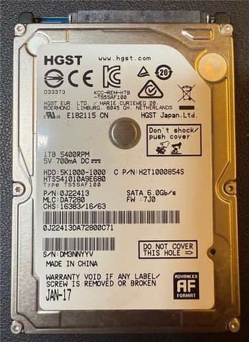 HGST, 1TB, 5K1000-1000, HTS541010A9E680, S/N: DM3NNYYV, SATA HDD