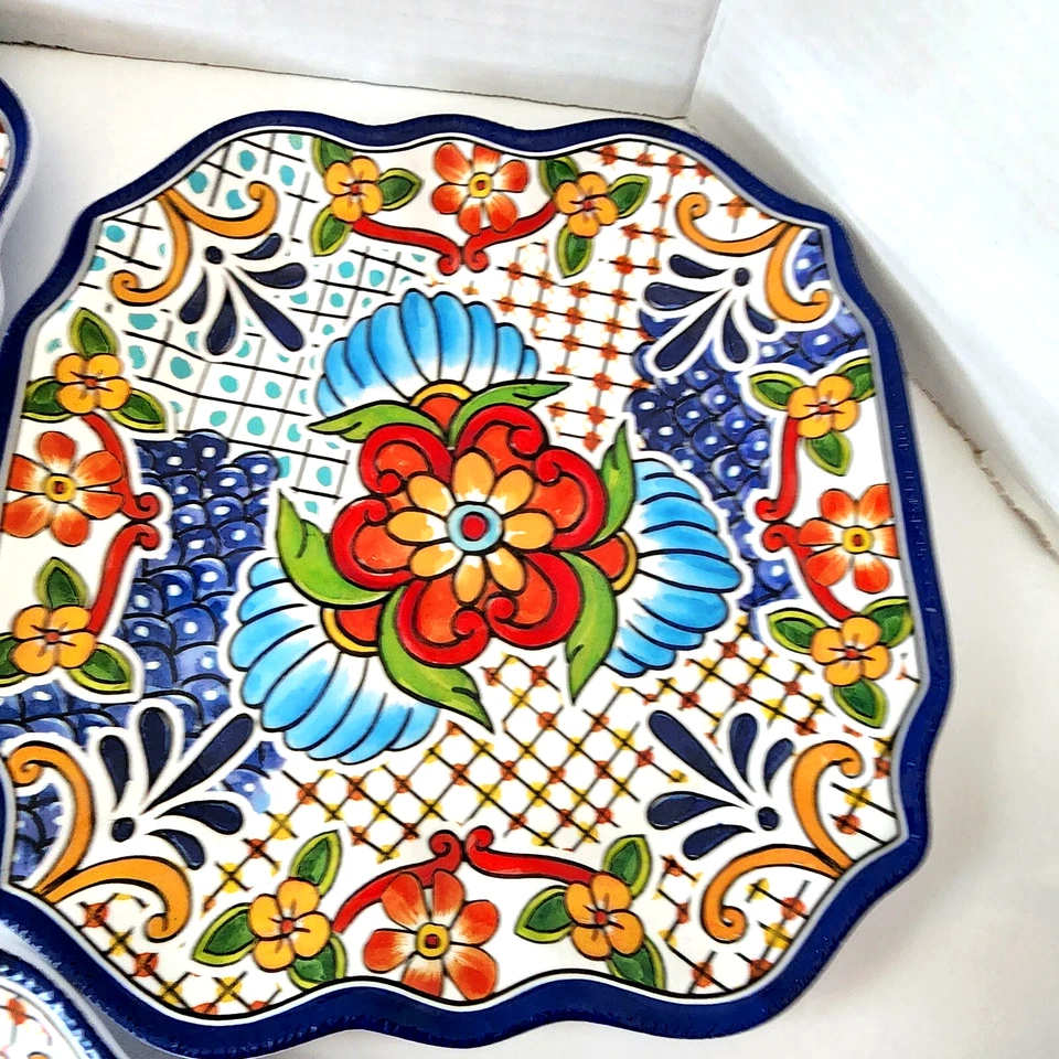 IL Mulino Platos Azulejos Españoles 4 Ensalada y 1 Cena Azul MELAMINA Cuadrado Floral Foto 4 de 4