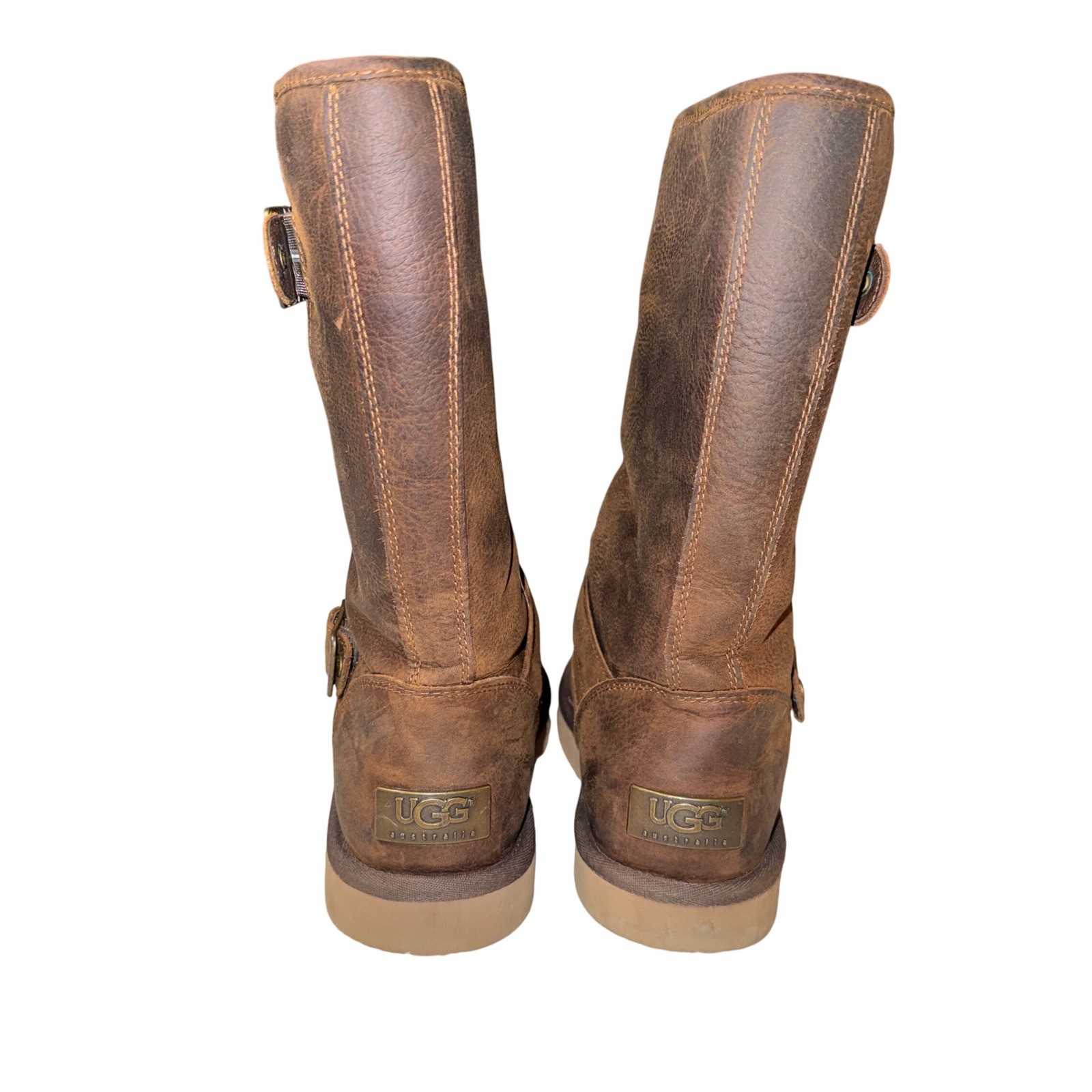 UGG Women's Sutter Brown Leather Buckle Moto Boots Fur Lined Size 7 image 3