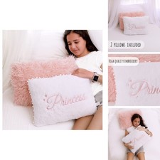 Perfectto Design Set of 2 White Pink Fluffy Faux Fur Decorative Pillows Kids
