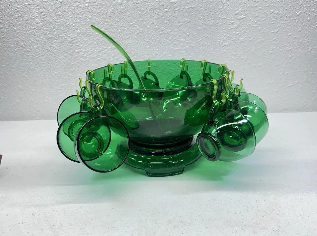 27pc Anchor Hocking Green Glass Punch Bowl W/Base, 12 Cups W/Clips, & Ladle ‘60s