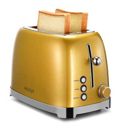 MOUQAT Gold Toaster 2-Slice Wide Slot Stainless Steel 825W Bagel Defrost
