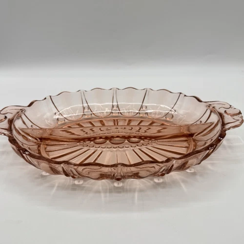 Vintage Pink Depression Glass Divided Scallop Relish Serving Dish 12 x 7.5"