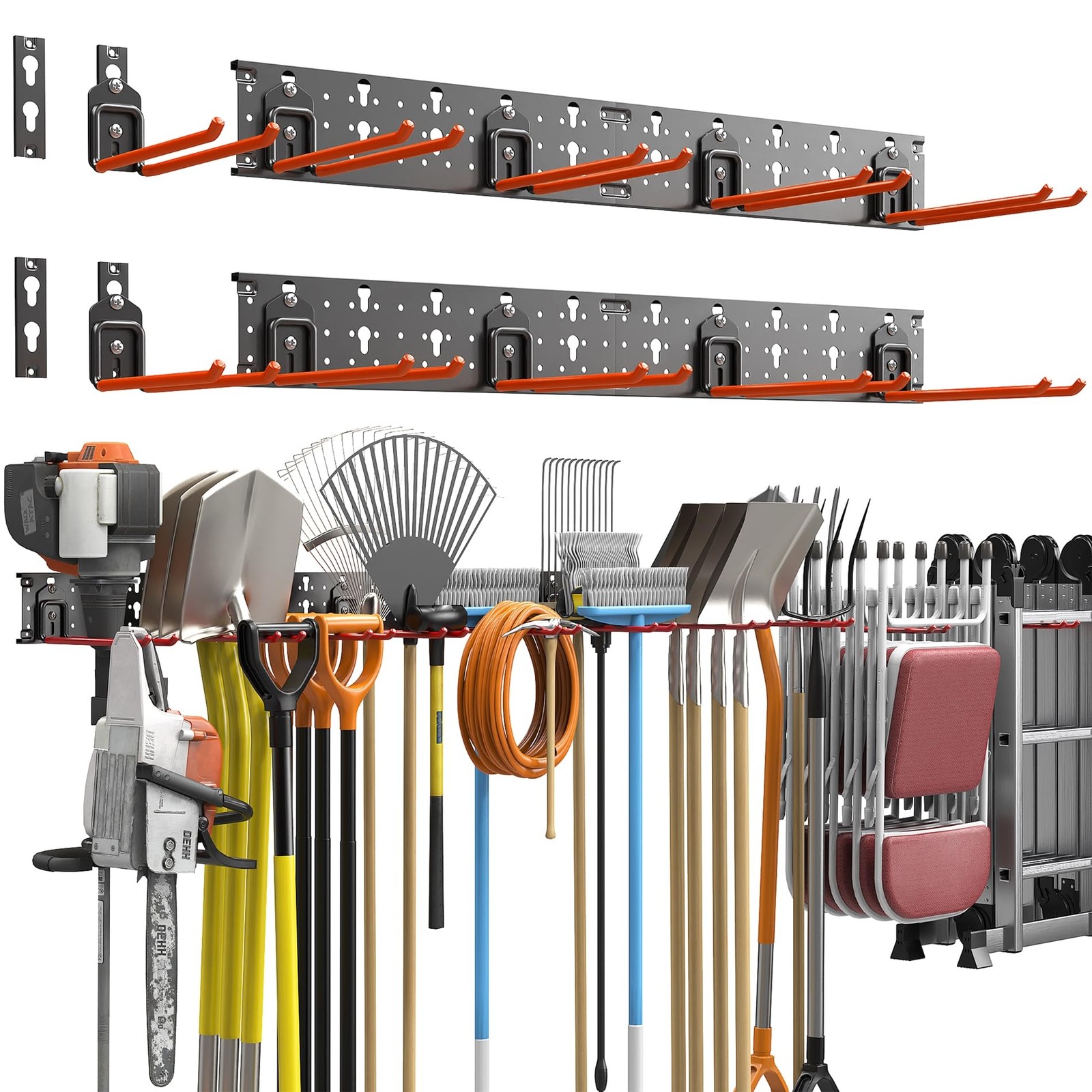 Wall Mount Garden Tool Organizer with Folding Chair Storage and Rack for Garage Tools