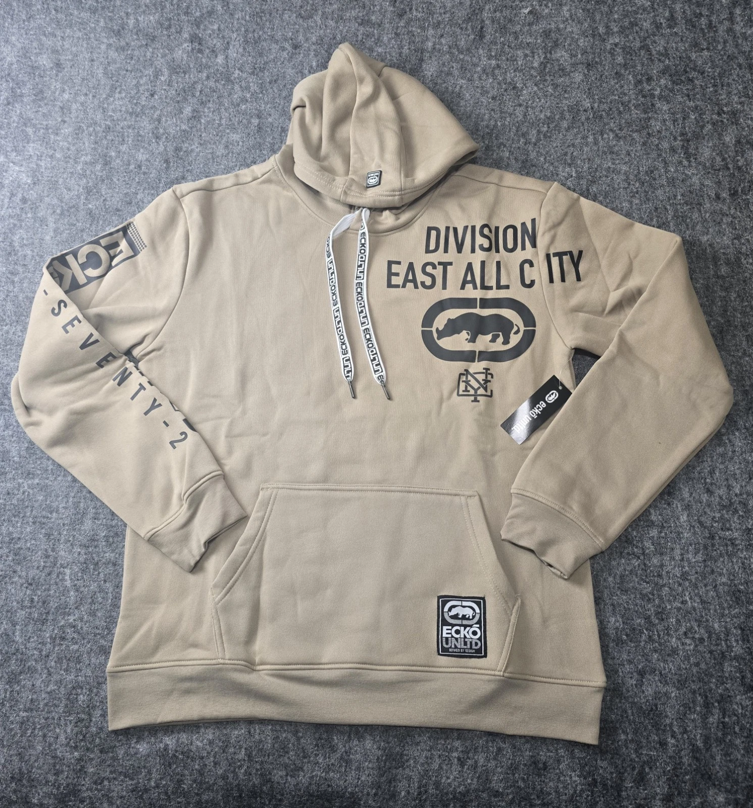 Ecko Unltd Y2K Rhino Hoodie Size L Retro Hip Hop Urban Graffiti Beige Hoodie NY