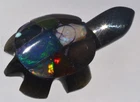 MEXICAN BLACK OBSIDIAN TURTLE MULTI-COLOR MOSAIC FIRE OPAL SHELL STONE CARVING