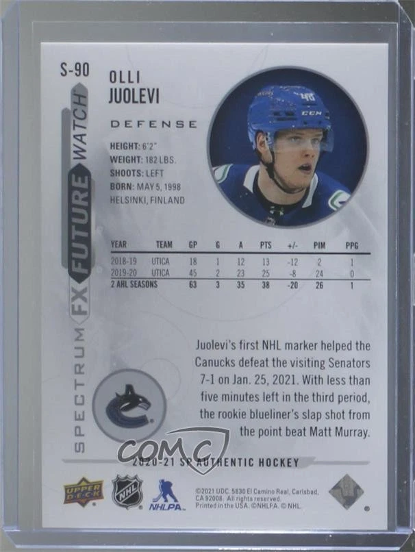 2020-21 SP Authentic Bounty Spectrum FX Black 1/1 Olli Juolevi #S-90 Rookie RC - Image 2 of 2