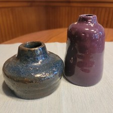 Studio Pottery Art Vases Set Of 2 Small Purple Green Brutalist Signed EUC 