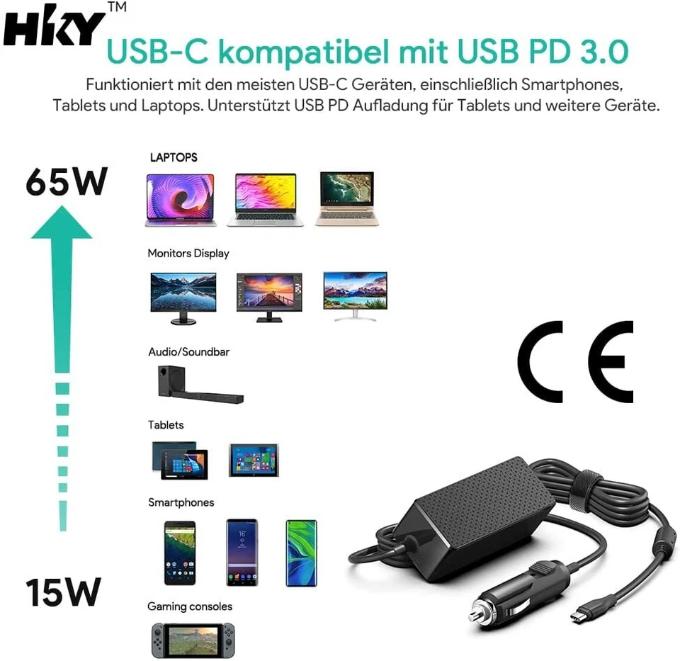 65W max KFZ Auto Ladegerät Laptop Netzteil Type C für alle Typ-C-fähigen Geräte - Bild 2 von 4