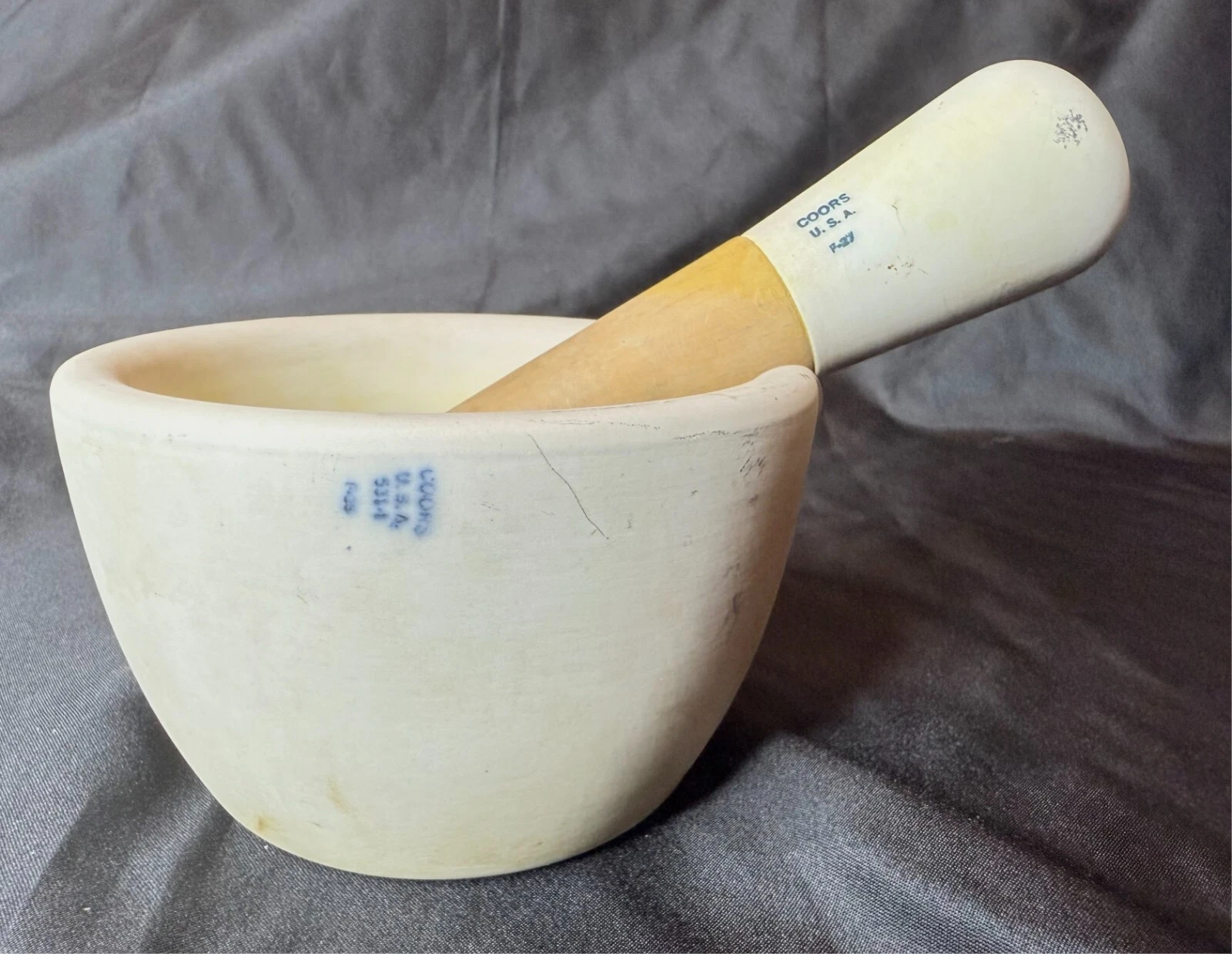 VTG 1920s Large Coors USA Apothecary Porcelain Mortar w Wood Handle Pestle Set