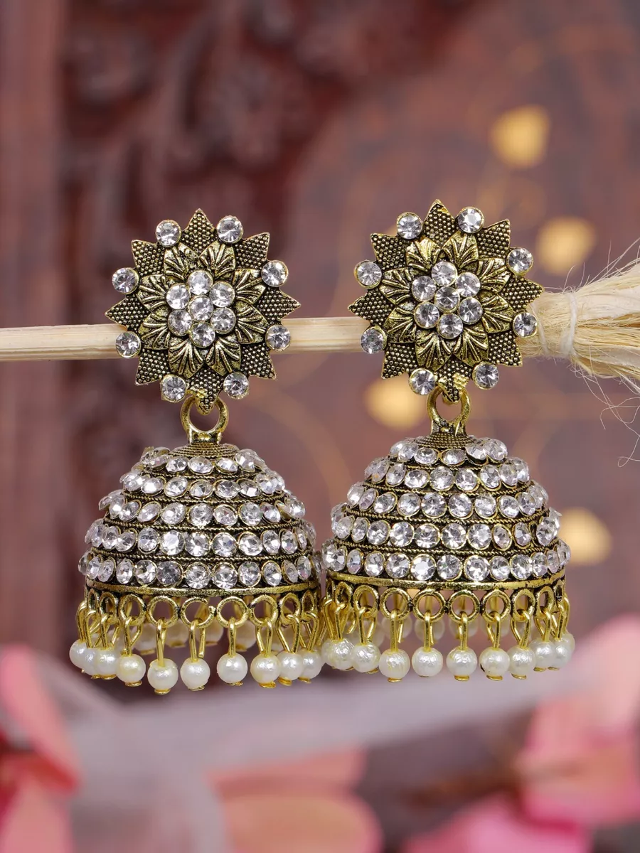 Traditional Pearl Jhumka Earrings - White Red | FashionCrab.com