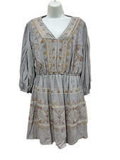 Savanna Jane SZ L WomensFlare Dress 3/4 Sleeve Embroidered Gray V Neck Lined