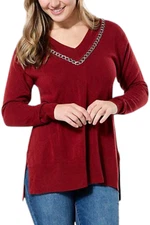 DG2 by Diane Women's Lux Knit Chain-Trim V-Neck Sweater Rhubarb