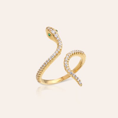 14K massiver Gold Schlangenring mit Smaragd Augen | offener Bandring für Sie | Größe 2-11