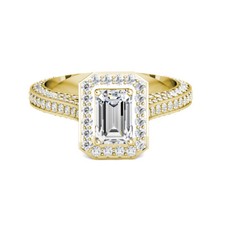 Emerald Cut Moissanite & Diamond Engagement Halo Pave Set Ring 18K Yellow Gold