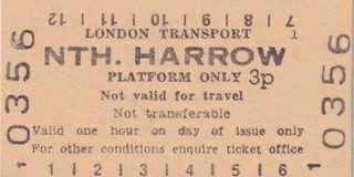 London Underground Railway PLATFORM Ticket NTH HARROW 0356