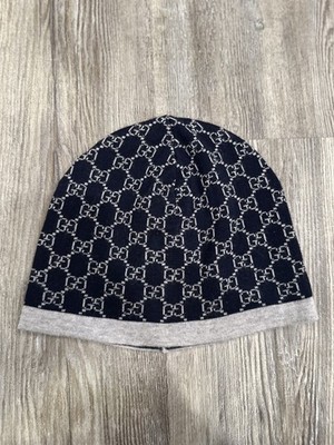 GUCCI Beanie Infant GG Pattern 100% Wool White NAVY BLUE GG Trim L 56 20cm