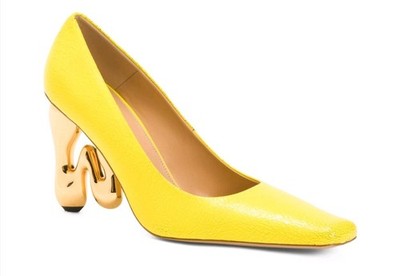 J.W Anderson Crackled Leather Yellow Pump Sculptural Gold Logo Heel 36.5 NWB