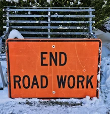 VINTAGE TRAFFIC ROAD SIGN END ROAD WORK ALUMINUM RETIRED 24X36 DECOMMISSIONED