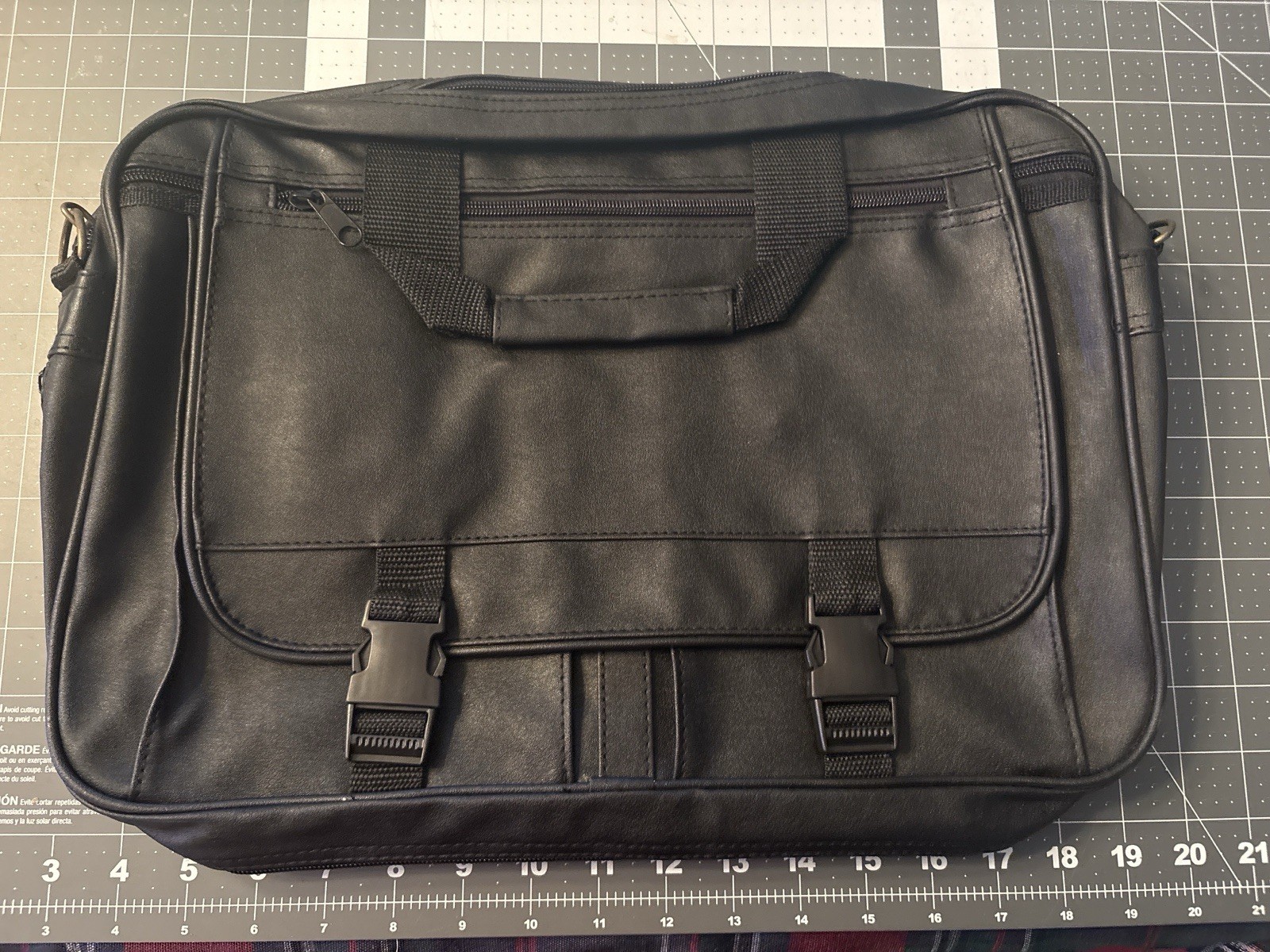 Black Synthetic Leather Laptop Messenger Bag for 15" with Zippered Compartments