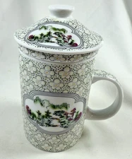 Chinese Porcelain Loose Leaf Tea Infuser Mug w/ Lid - Jasmine Blossom Landscape