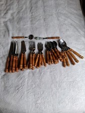 Lot Of 41 Vintage Bamboo Style Wooden Handle Stainless Flatware Set Taiwan