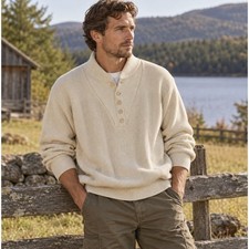Vintage LL Bean Henley Sweater Large USA Cotton Fisherman Ribbed Knit Pullover