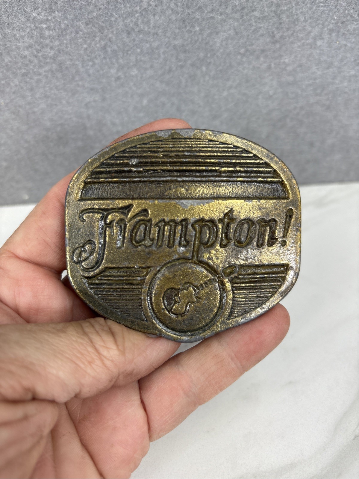 Vintage  ***FRAMPTON!*** Guitar Brass Plated Metal Belt Buckle w/ Wear & Patina