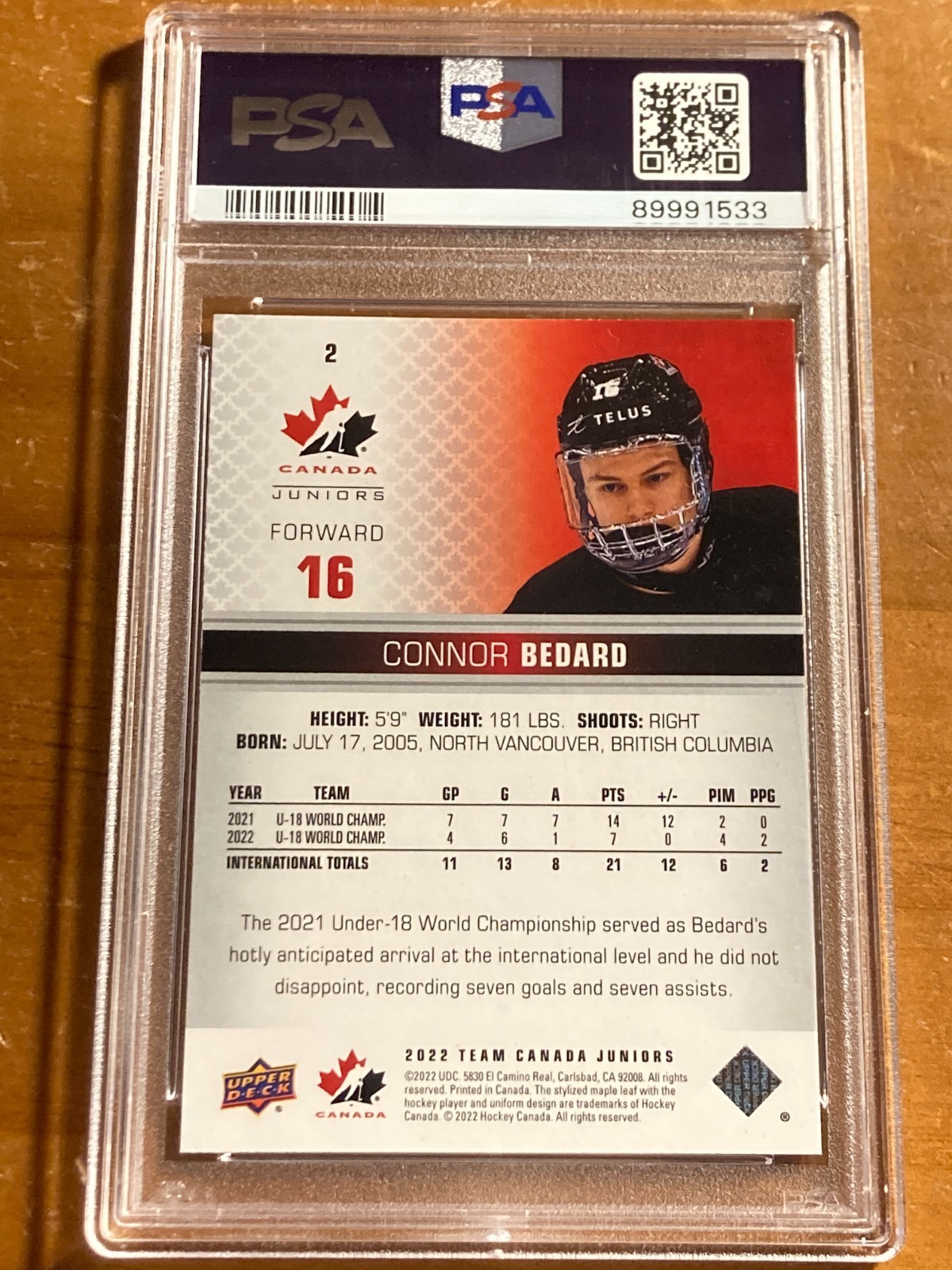 2022-23 Upper Deck Team Canada Juniors Connor Bedard #2 PSA 9 MINT view 2