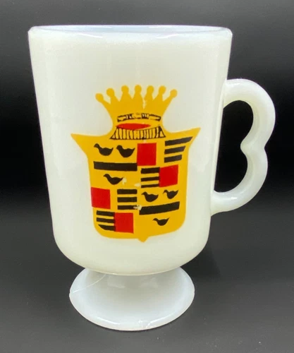 VTG CADILLAC Logo Footed Milk Glass Coffee Mug Cup Harrahs Automobile Collection