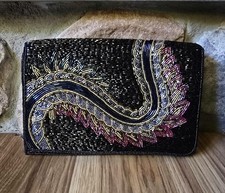 Vintage La Royale Beaded Black and Floral Clutch Purse