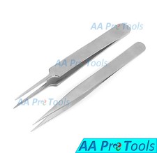2 PCs Eyelash Extension Tweezers Pro Straight Semi Angled Stainless Steel Set