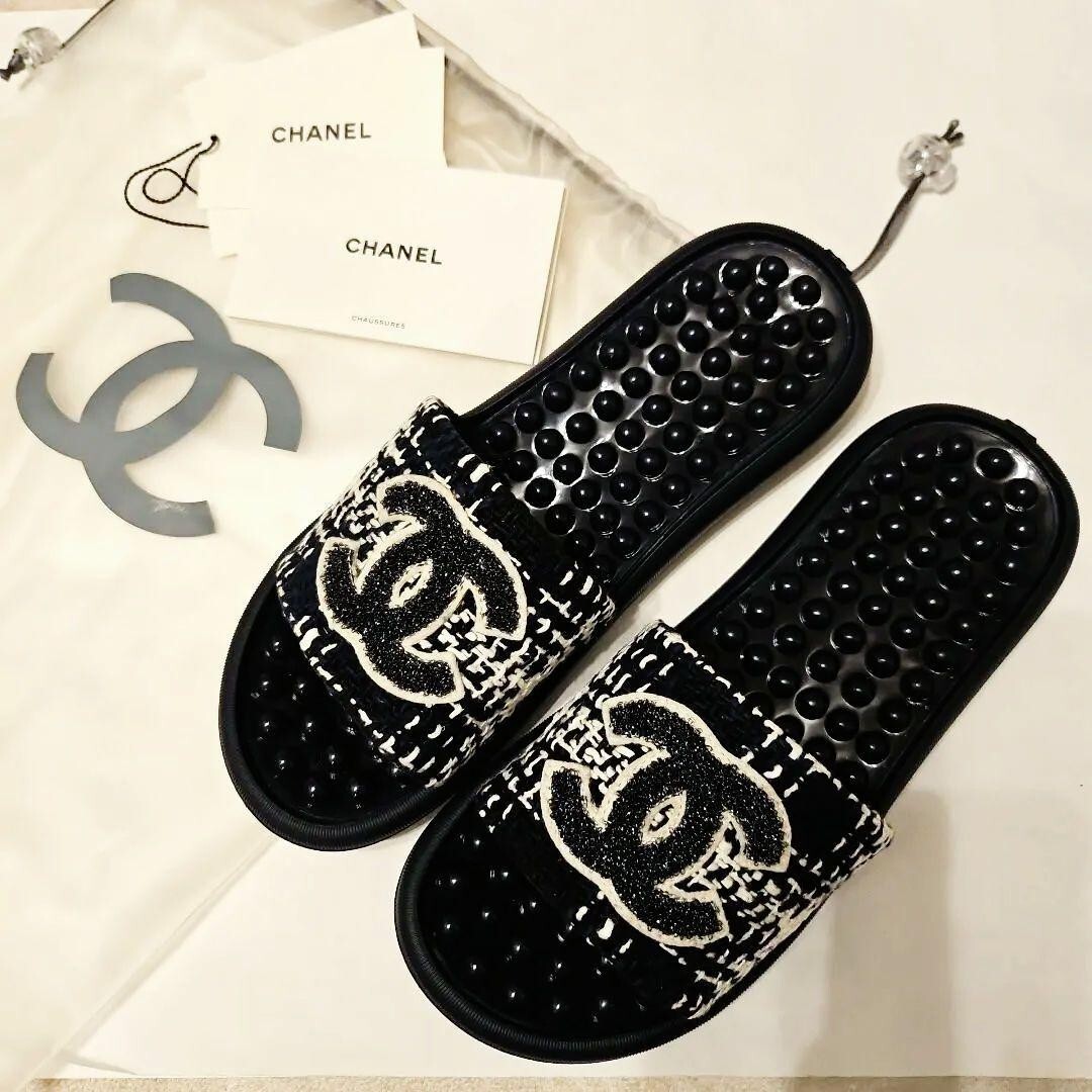 CHANEL COCO MARK Tweed Flat Sandals Mules Shoes Women EU 37 Black
