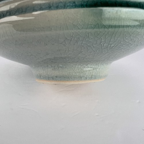 Mid Century Ikebana Vase Pottery Blue Crackle Glaze Pedestal Japan Vtg - Picture 12 of 18