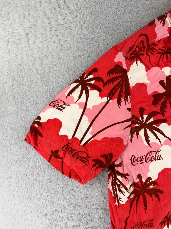 Coca-Cola Shirt Adult Extra Large Red Pink Hawaiian Clouds Palm Tree Button Up - Image 3 of 4