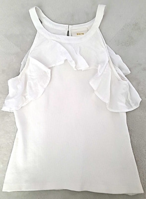 Maeve By Anthropologie Tank Top XS Women Ribbed White Ruffle Preppy Modern Boho