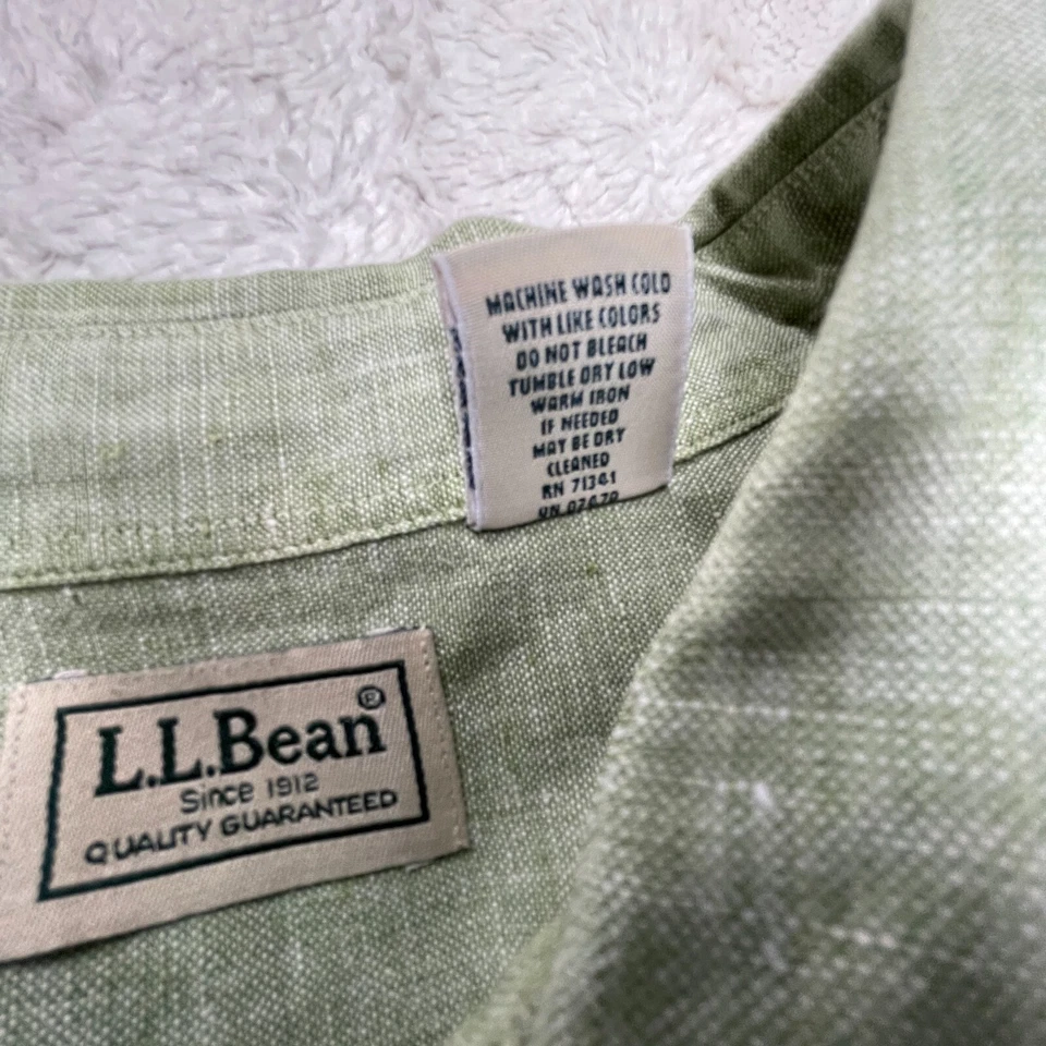 L.L. Bean Men Casual Long Sleeve Shirt Large Button Down 100% Linen Green Pocket - Image 4 of 4