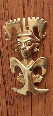 VTG. AZTEC GOLD TONE BROOCH W, WARRIOR FIGURE 2''