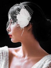 Wedding Birdcage veil with Headpiece White Bandeau Blusher Veil Feather Brida...