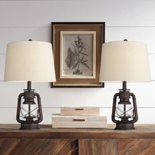 Franklin Iron Works Murphy Red Bronze Miner Lantern Table Lamps Set of 2