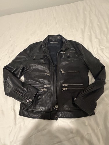 DOLCE & GABBANA D&G ARCHIVAL “MULTI-ZIP” BLACK LAMBSKIN MOTO JACKET-size 50