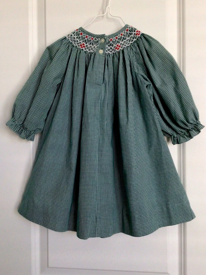 SILLY GOOSE-12M-Baby Girl Holiday Dress-Smock/Embroider-Green Gingham-Long Slv. - Image 4 of 4